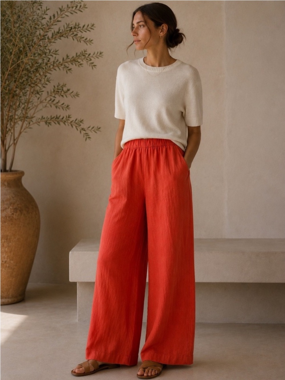 Eileen Fisher Wide Leg Pants Womens Red Organic Linen Elastic Pull On Size L